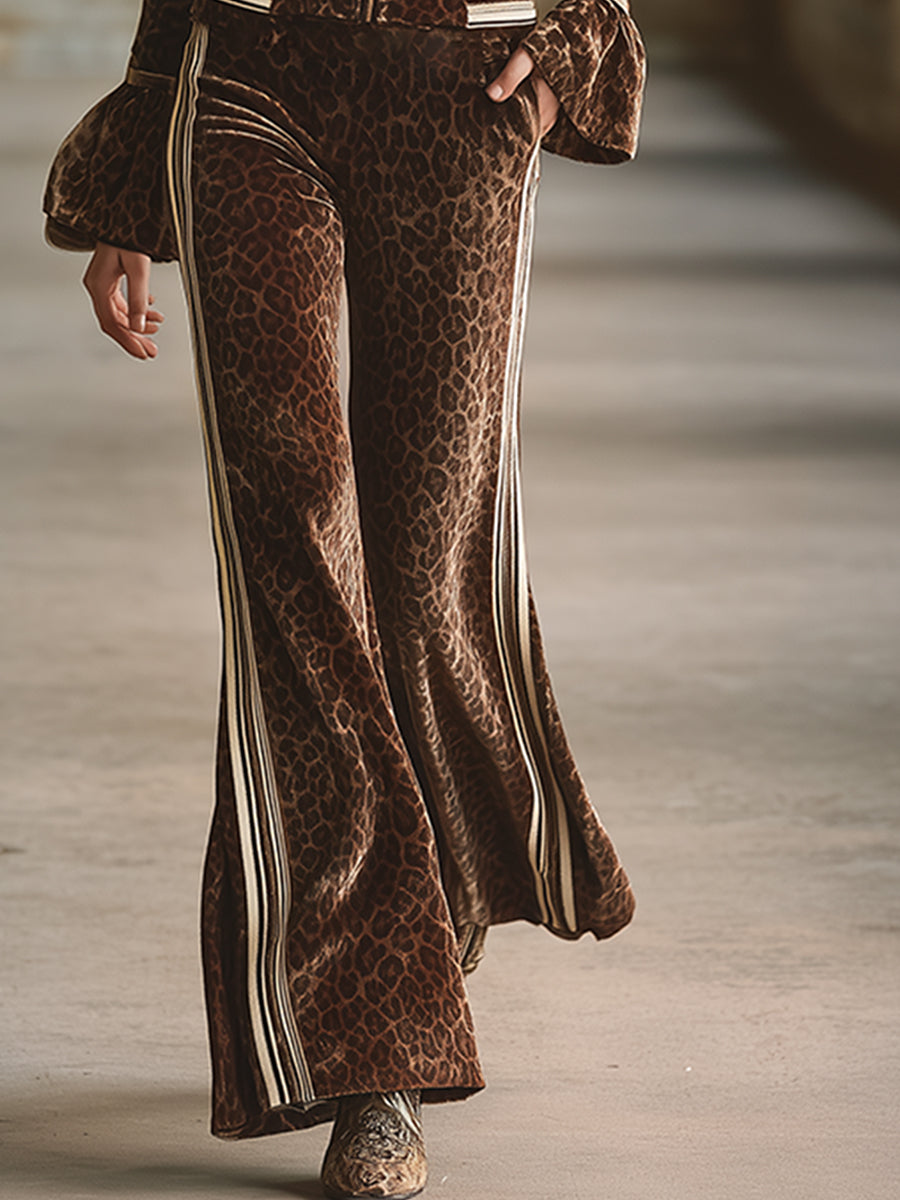 Retro Sporty Brown Leopard Print Lapel Front Zip-up Top And Flared Pants Velvet Set