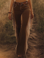 Vintage Western Brown Fringe Flared Jeans