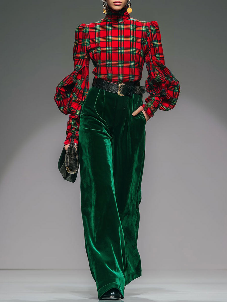 Trendy Retro Plaid Velvet Turtleneck Long-sleeved T-shirt And Wide-leg Pants Set