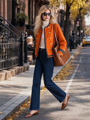 Women's Orange Military Jacket Double-Breasted Gold Button Oversized Band Coat