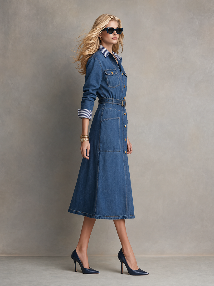 Women's Blue Denim Shirt Dress Belted Button-Front Midi Utility Dress