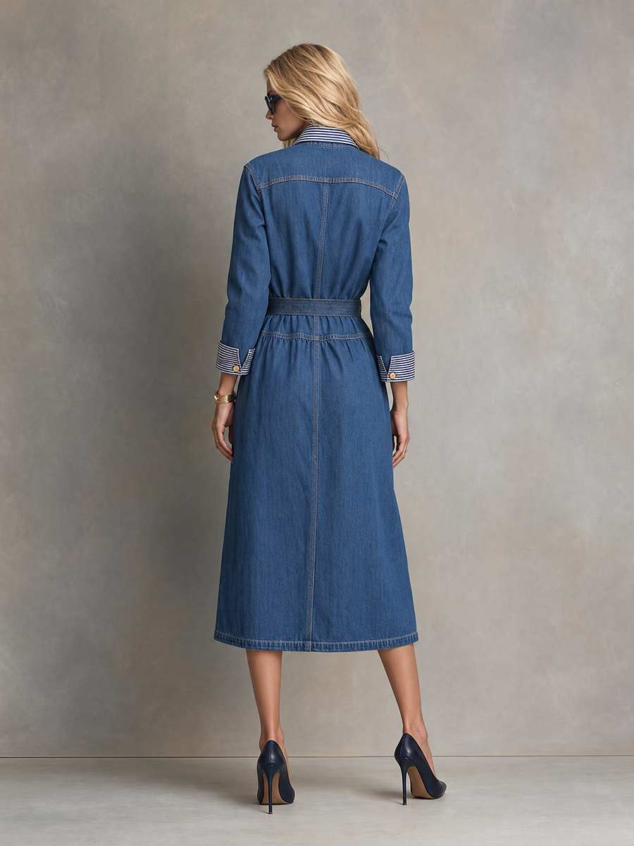 Women's Blue Denim Shirt Dress Belted Button-Front Midi Utility Dress