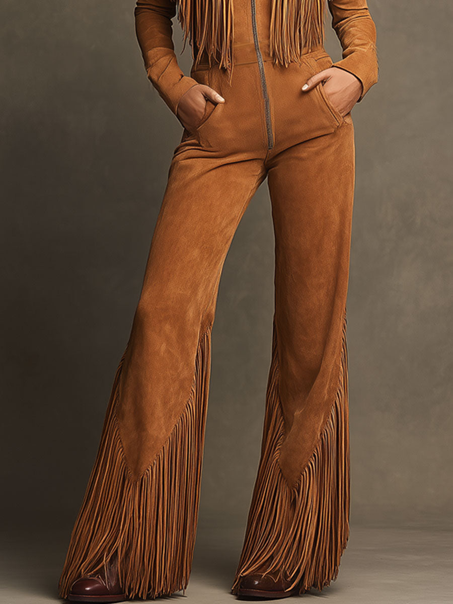 Western Retro Light Brown Faux Suede Zipper Tassel Long-Sleeved Jumpsuit