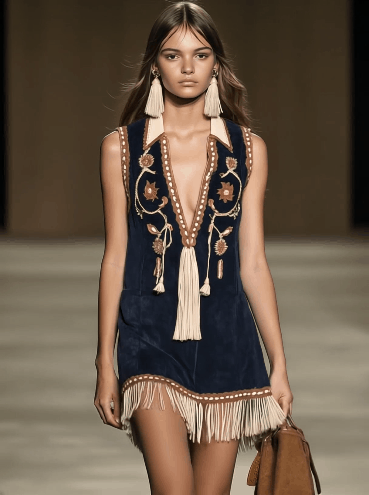 Western Retro Faux Suede Bohemian Style Embroidered Tassel Sleeveless Mini Dress