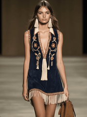 Western Retro Faux Suede Bohemian Style Embroidered Tassel Sleeveless Mini Dress