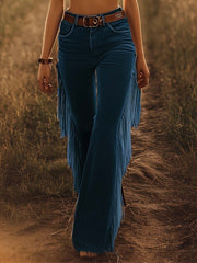 Vintage Western Brown Fringe Flared Jeans