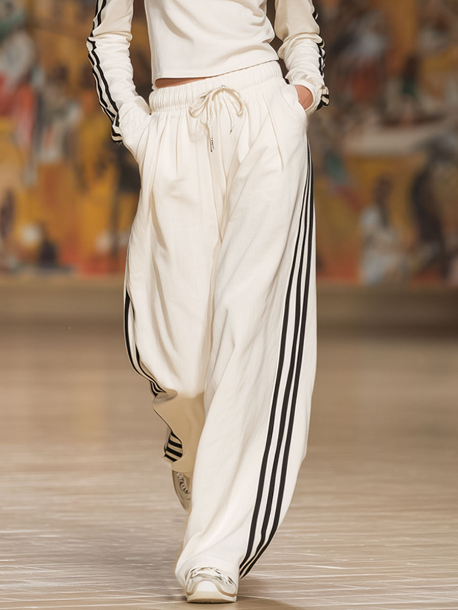 Sporty Off-the-shoulder Long-sleeved Top And Pants Set
