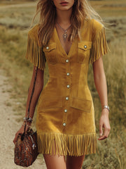 Western-style Vintage V-neck Fringed Faux Suede Mini Dress