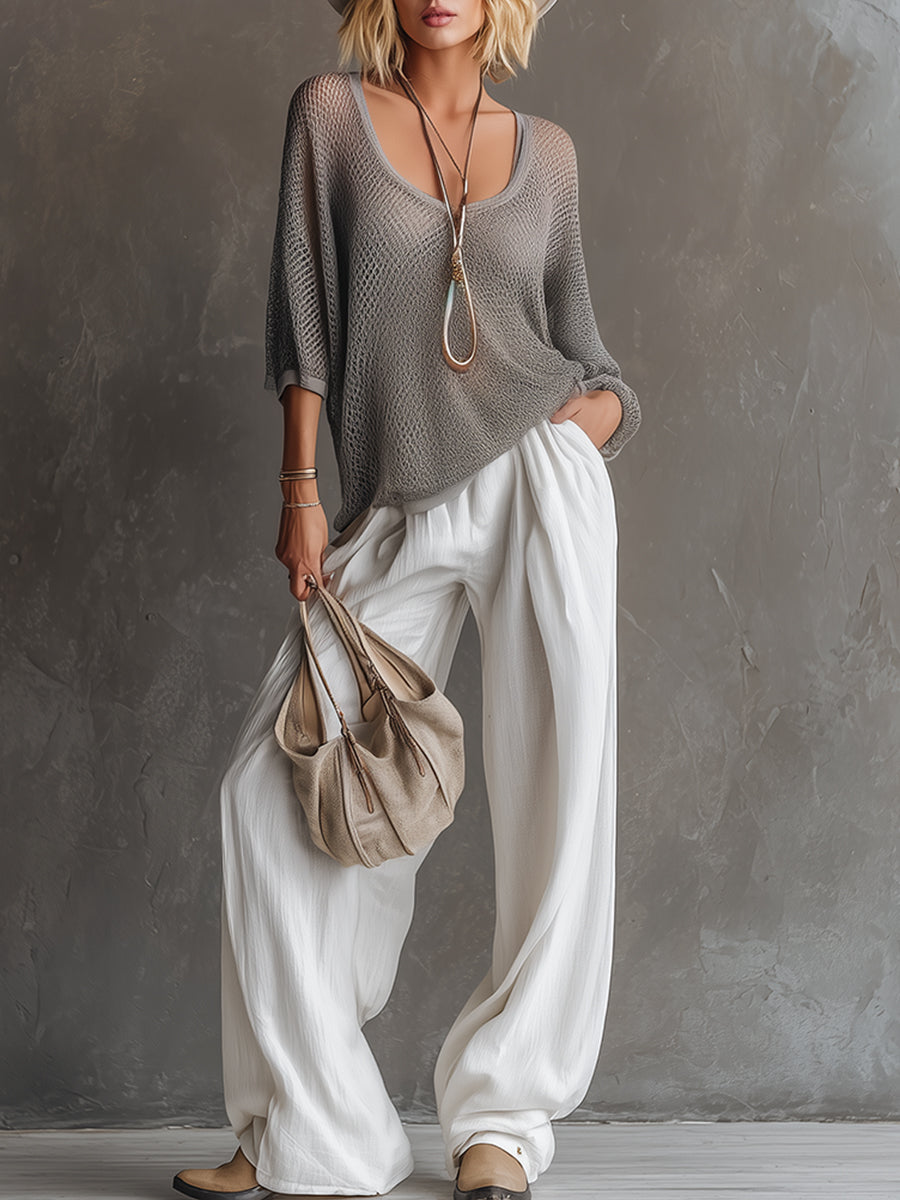 Simple Urban Gray Mesh Knit T-shirt And White Cotton Linen Wide-leg Pants Set