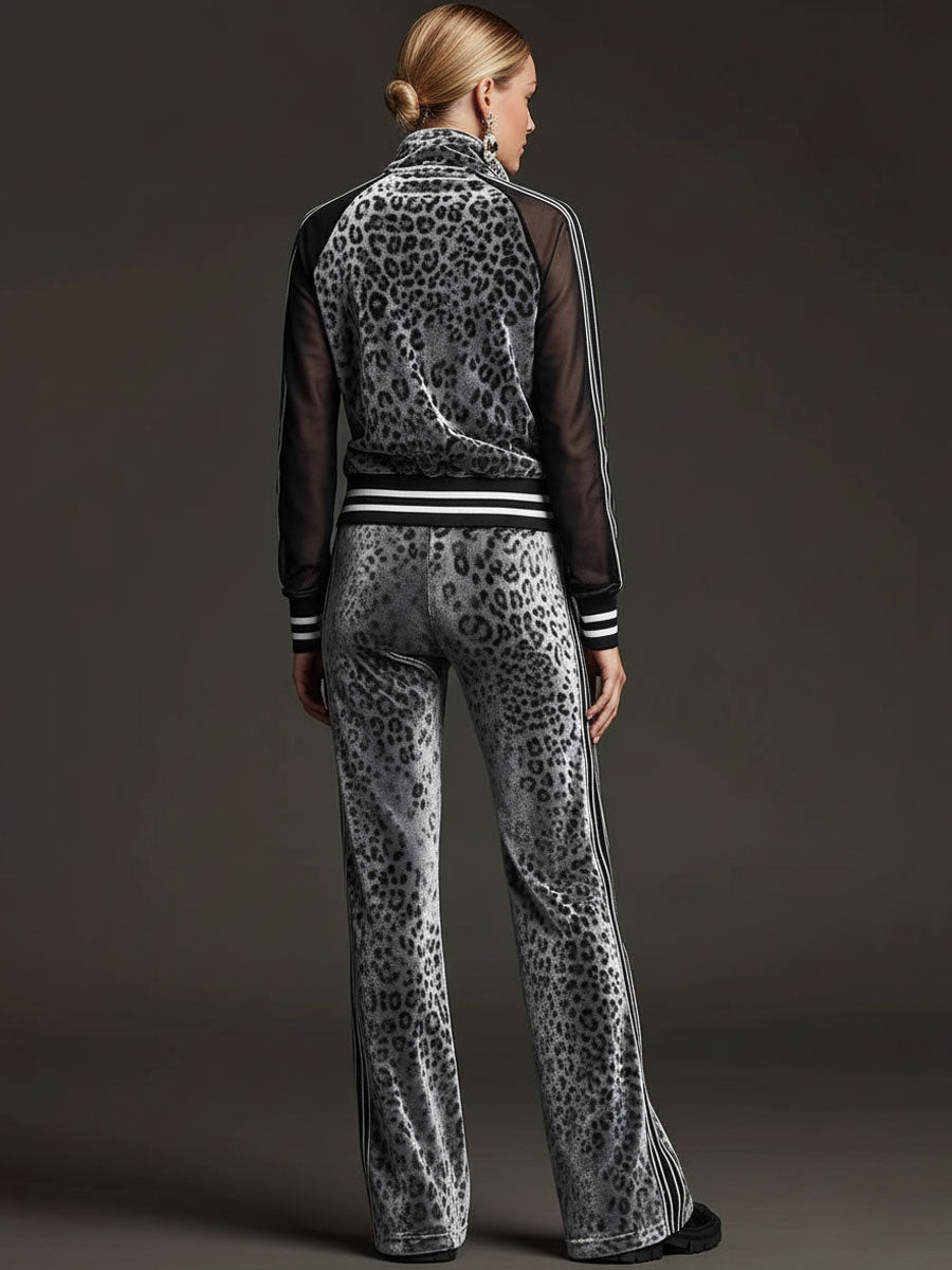Sporty Retro Striped Mesh Sleeve Gray Leopard Print Velvet Sweatshirt And Pants Set