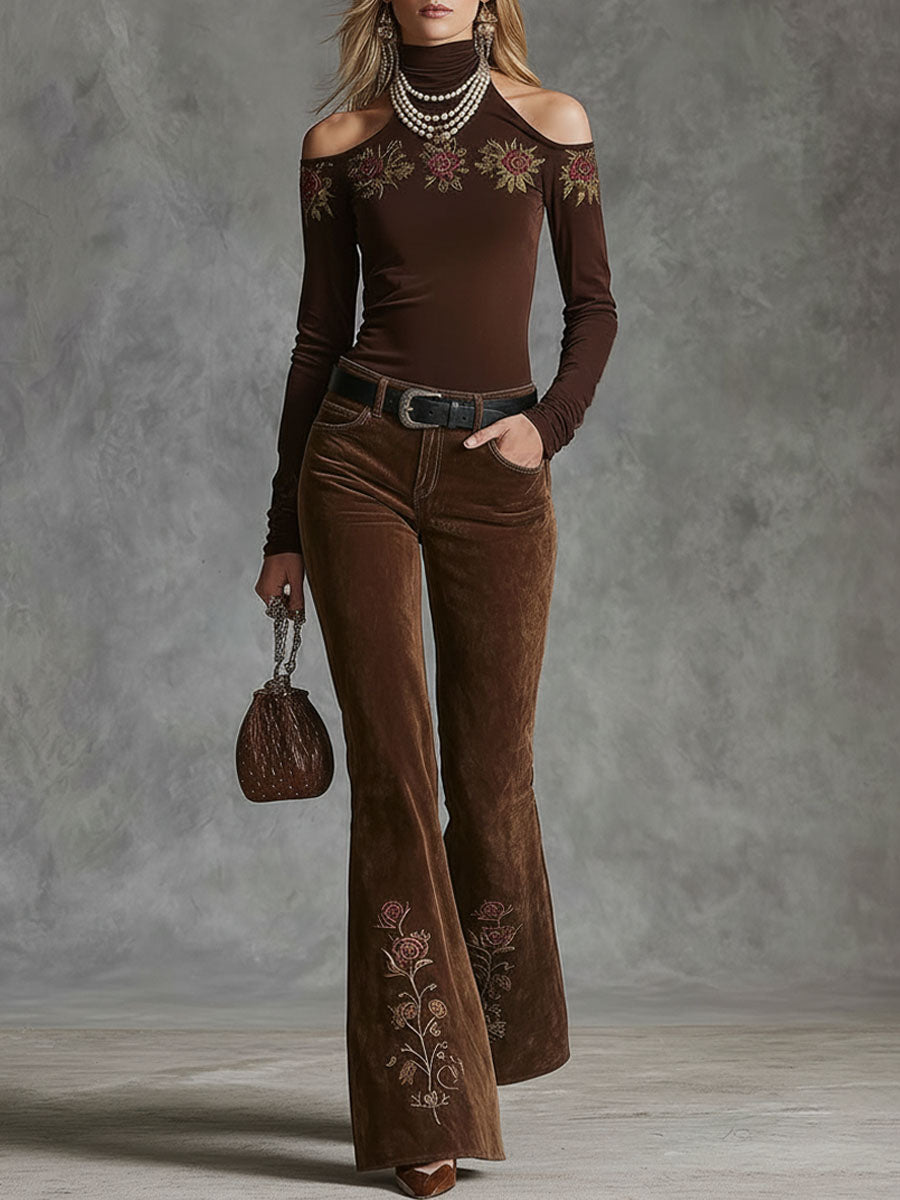 Western-style Floral Embroidered Pocket Flared Pants