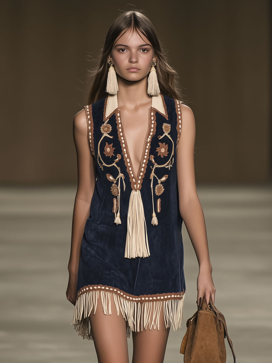Western Retro Faux Suede Bohemian Style Embroidered Tassel Sleeveless Mini Dress