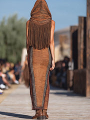 【24-hour shipping out】Western Retro Colorful Striped Knitted Tassel Hooded Slit Maxi Dress