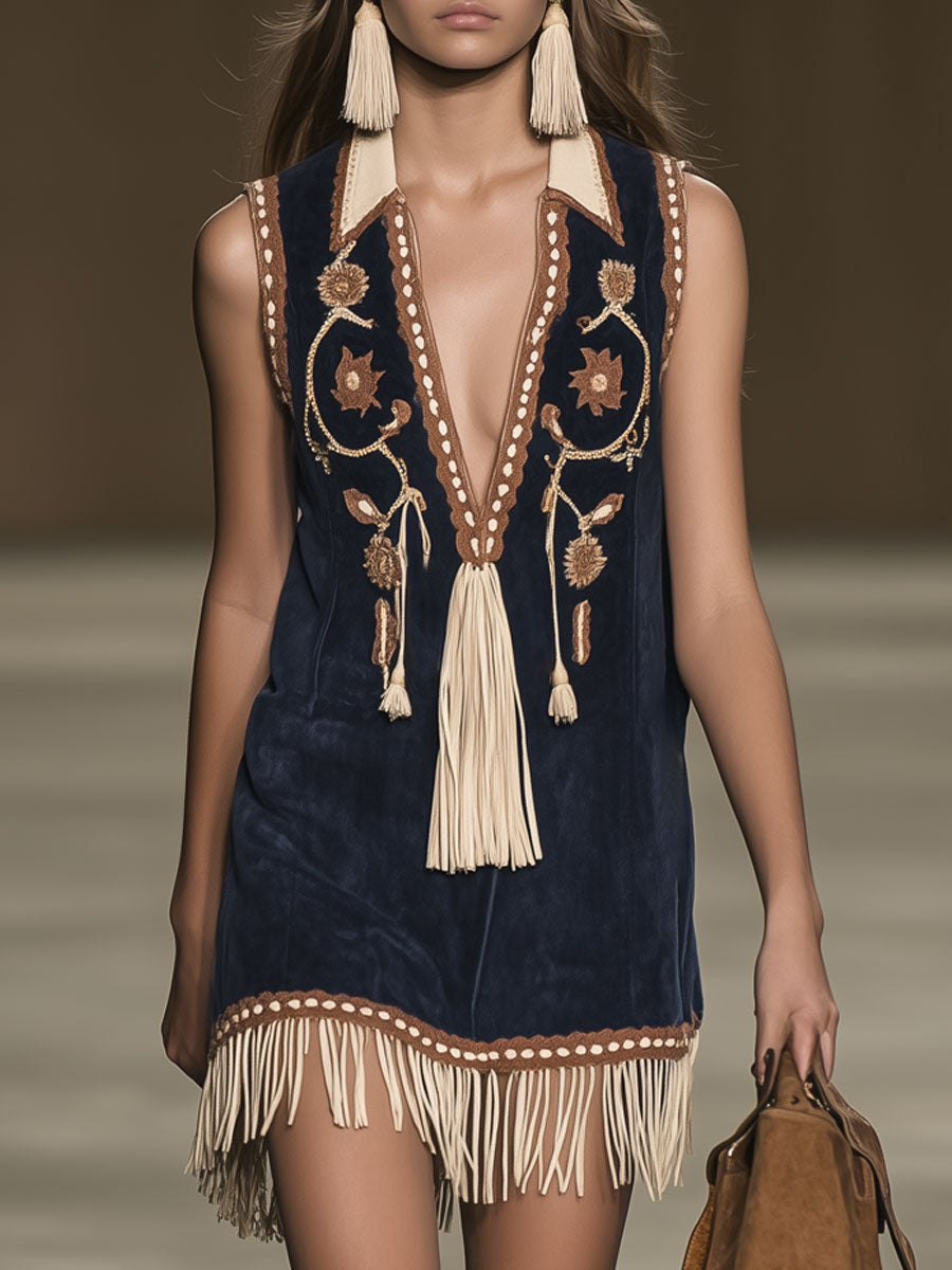 Western Retro Faux Suede Bohemian Style Embroidered Tassel Sleeveless Mini Dress