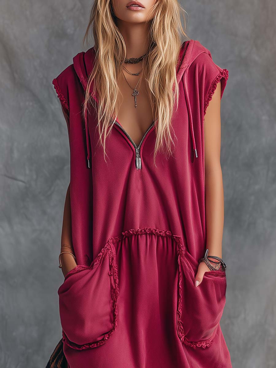 Vintage Casual Sporty Hooded V-neck Front Zip Lace Trim Sleeveless Raspberry Red Cotton Maxi Dress