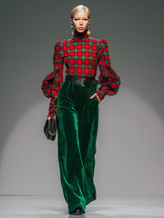 Trendy Retro Plaid Velvet Turtleneck Long-sleeved T-shirt And Wide-leg Pants Set