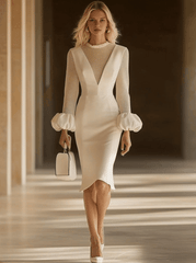 【24-hour shipping out】Elegant Classic Splicing Mesh Puff Sleeve Midi Dress