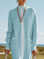 Sporty And Stylish White-trimmed Blue Knit Maxi Dress