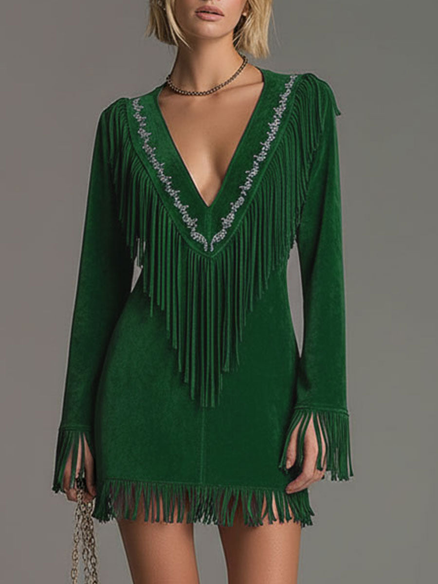 Western-style Retro Embroidered Tassel Pink Faux Suede Mini Dress