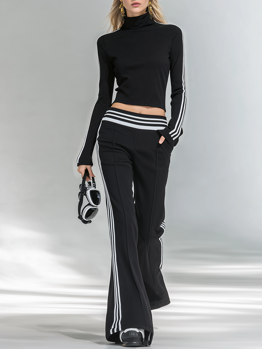 Sporty And Stylish Stand-up Collar T-shirt And Flared Pants Set