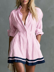 Retro-style Color-blocked Trim Blue Striped Long-sleeved Collared Cotton Mini Dress