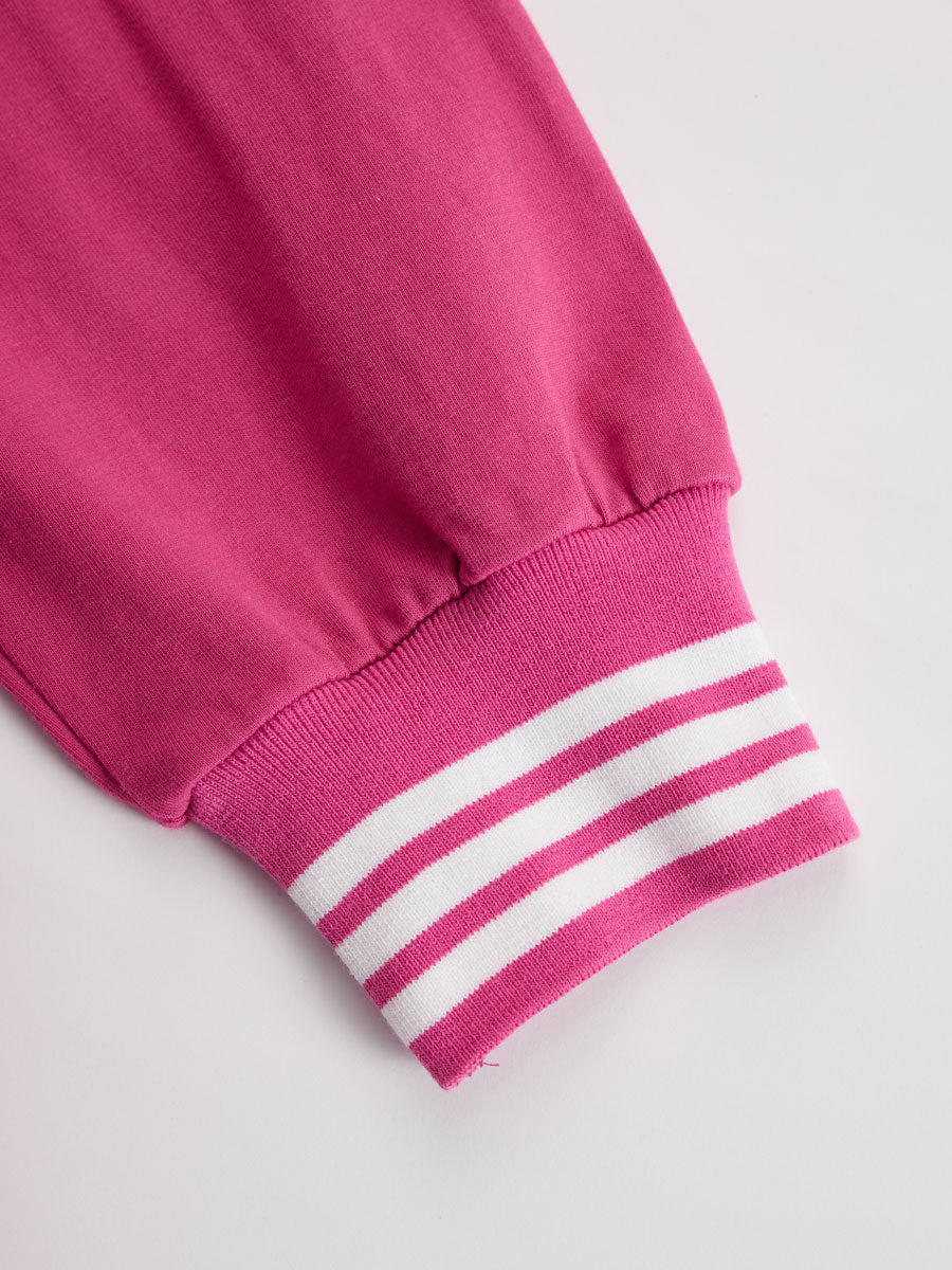 Sporty Retro Pink Cotton Half-Zip Ruffle Sweatshirt Mini Dress