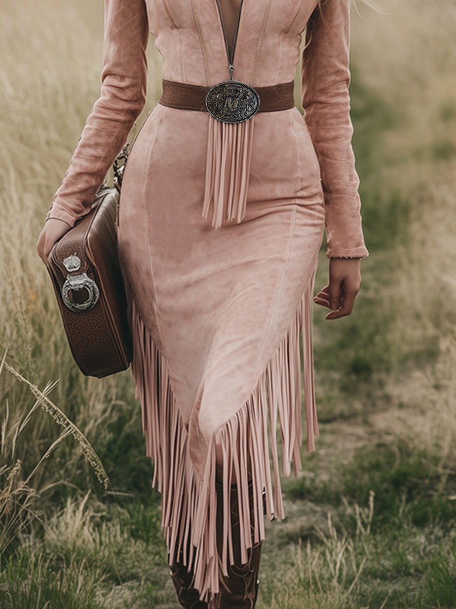 Western Retro Pink Long-sleeved Tassel Midi Dress