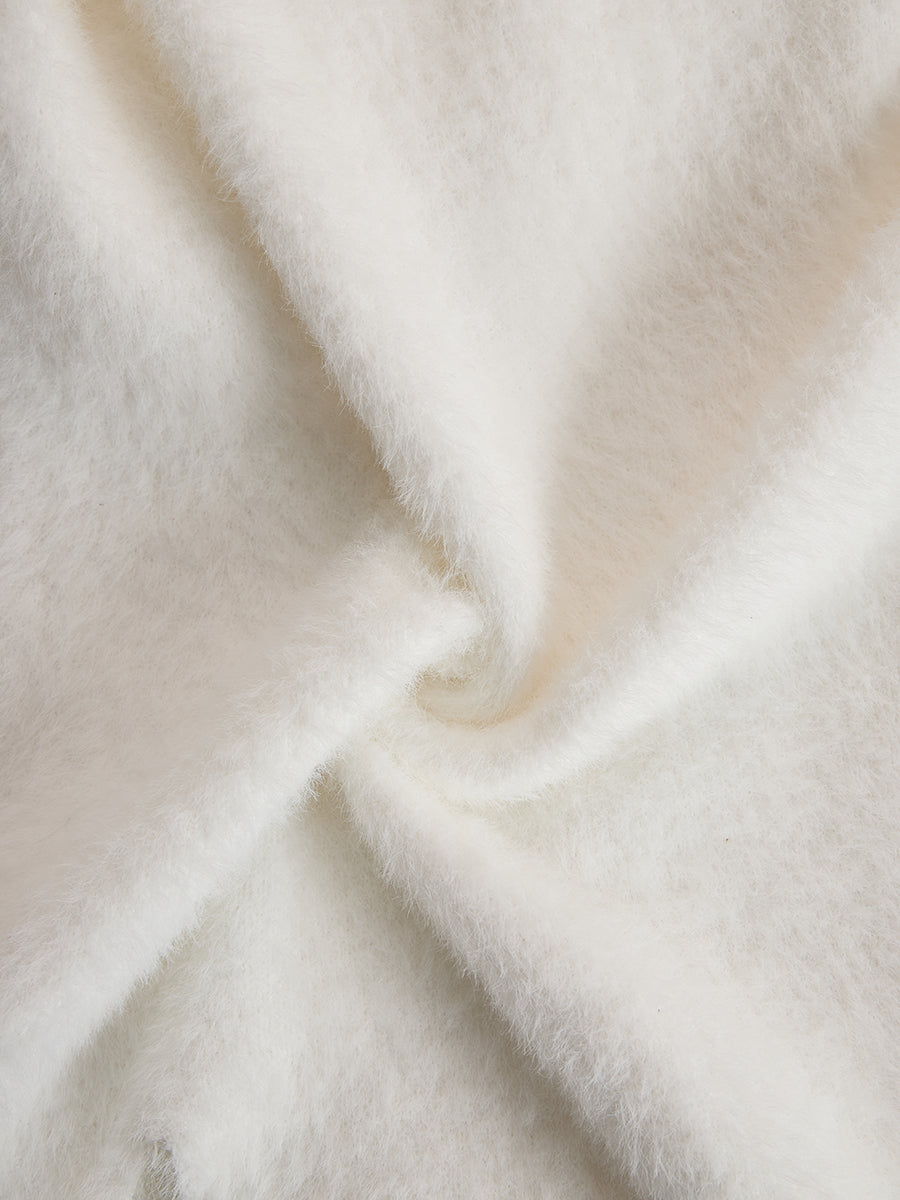 White Mohair V-neck Button Imitation Ostrich Feather Midi Dress