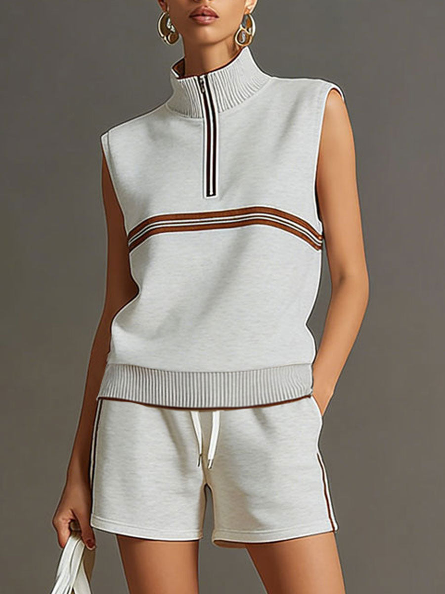 Retro Sporty Grey And White Half-zip Sleeveless Sweatshirt And Shorts Set
