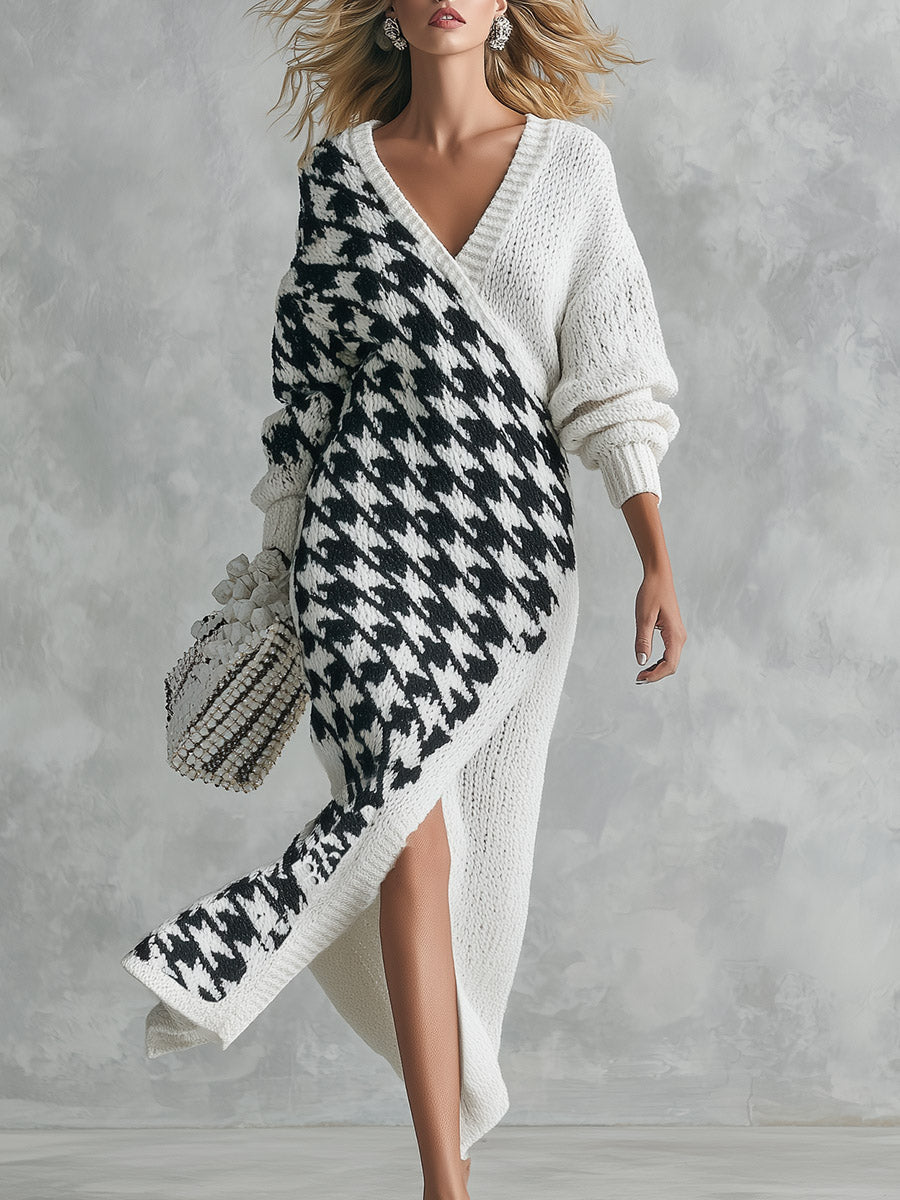 Women's V-Neck Black and White Houndstooth Knit Sweater Maxi Dress