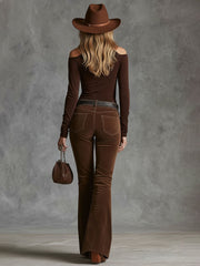 Western-style Floral Embroidered Pocket Flared Pants