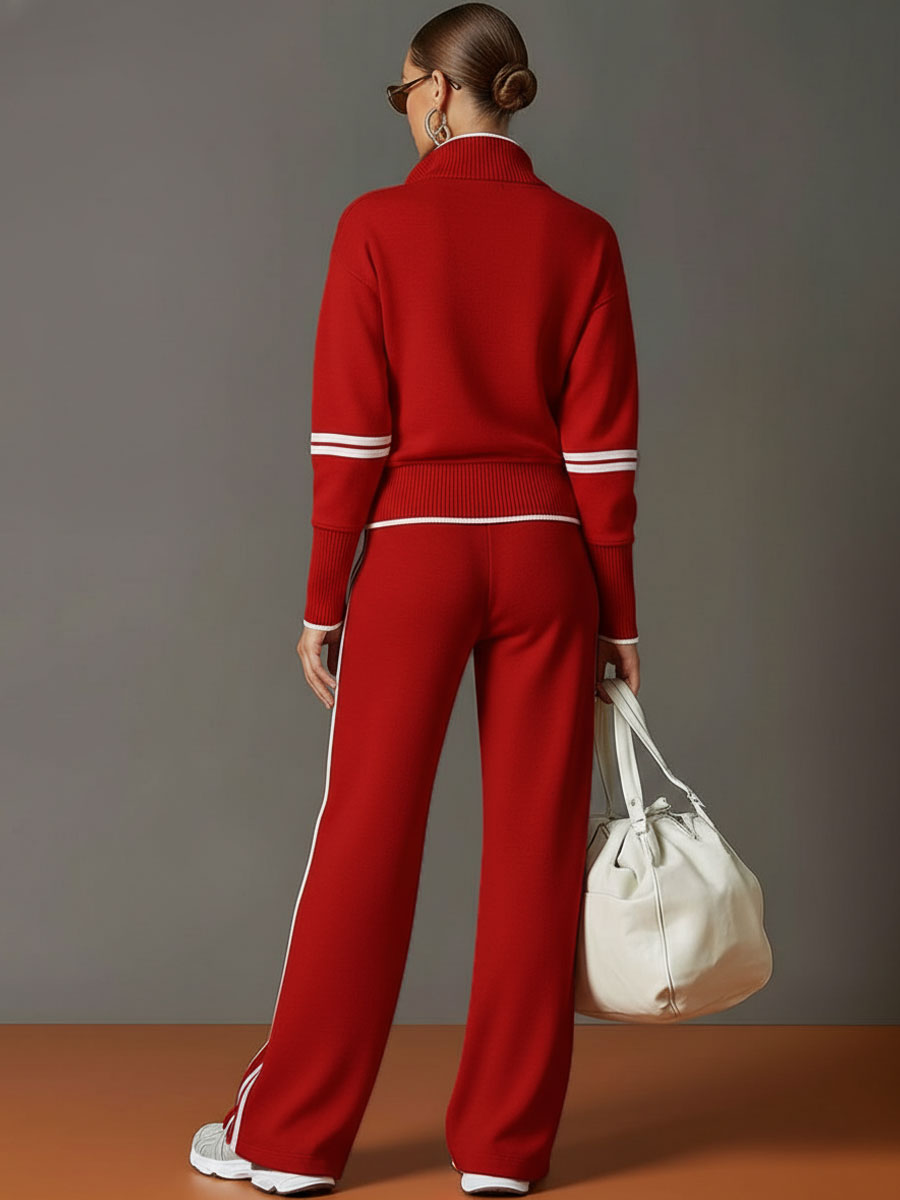 Retro Sporty Webbing Grey-white Half-zip Sweatshirt And Wide-leg Pants Set