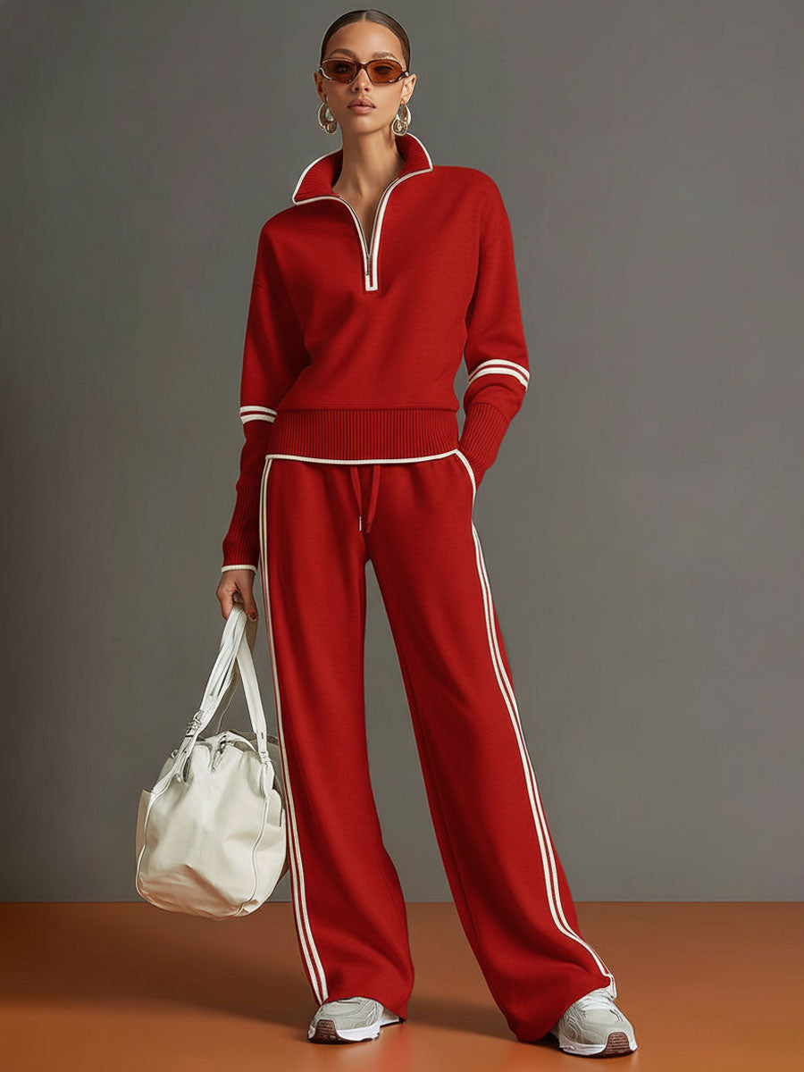Retro Sporty Webbing Grey-white Half-zip Sweatshirt And Wide-leg Pants Set