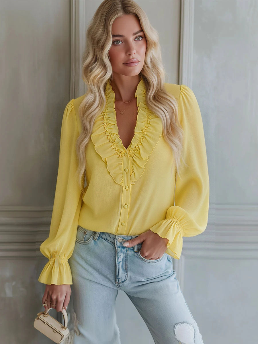V-neck Chiffon Single-breasted Long-sleeved Shirt