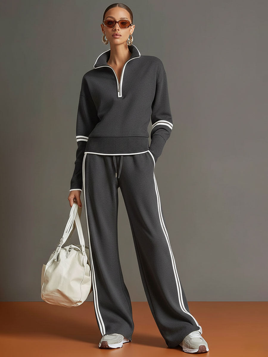 Retro Sporty Webbing Grey-white Half-zip Sweatshirt And Wide-leg Pants Set