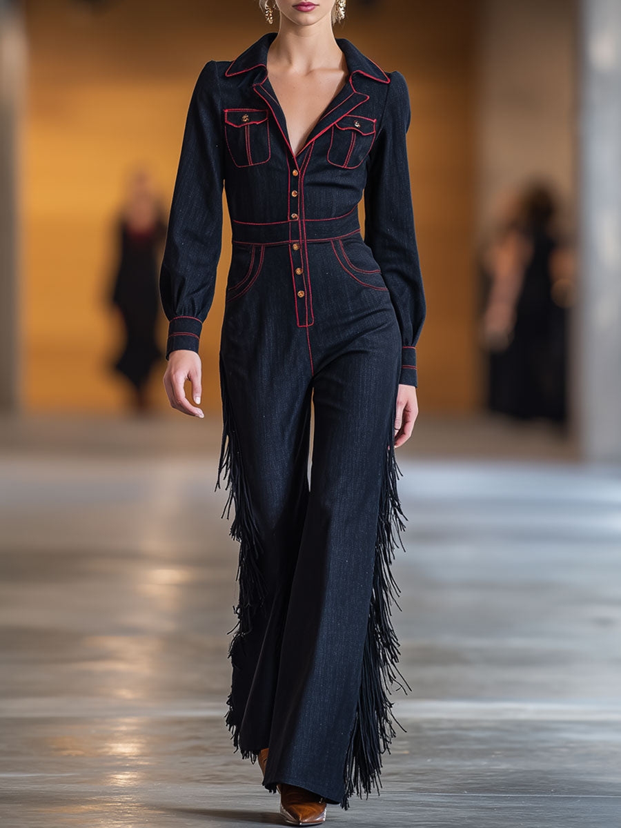 Retro Red Topstitched Navy Denim Long Sleeve Flared Tassel Jumpsuit