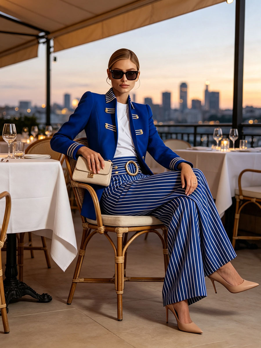 Simple And Elegant Striped Royal Blue Wide-leg Pants