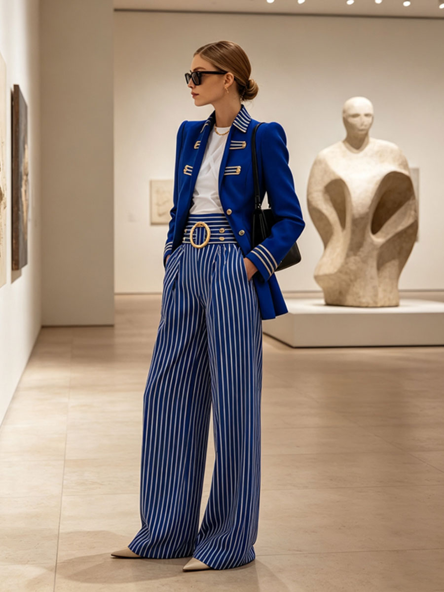 Simple And Elegant Striped Royal Blue Wide-leg Pants