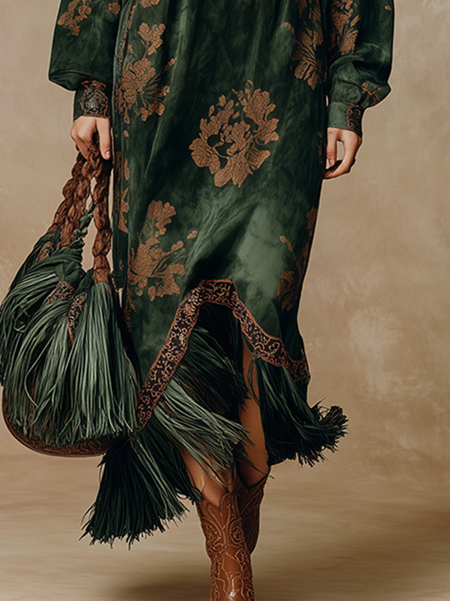 Retro Silhouette Printed Green Faux Suede Tassel Maxi Dress