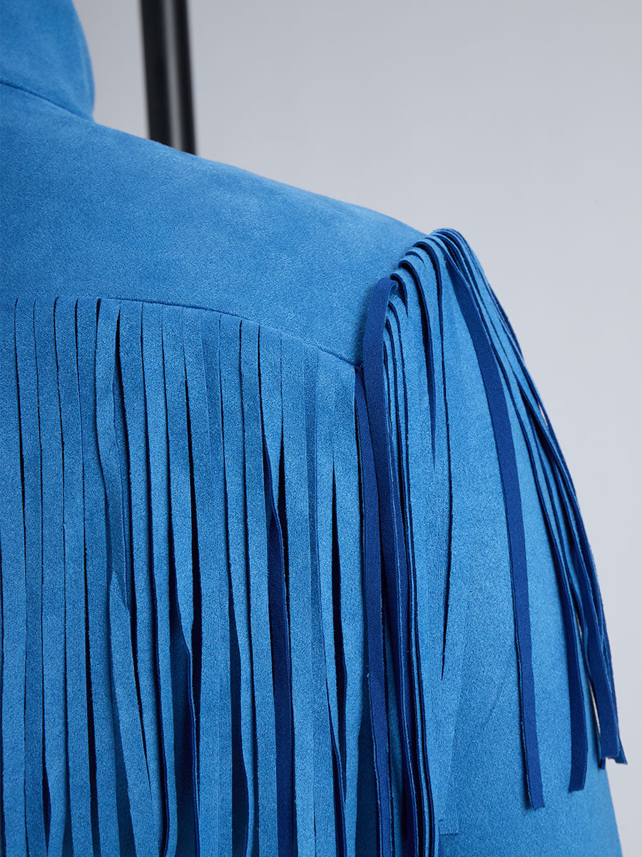 Retro Western Style Zippered Collar Blue Fringed Faux Suede Mini Dress