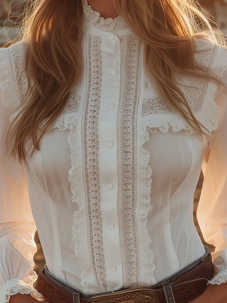 【24-hour shipping out】Western-style White Lace Button-down Shirt