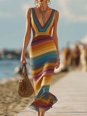 Retro Western Style V-Neck Colorful Striped Breathable Knitted Maxi Dress