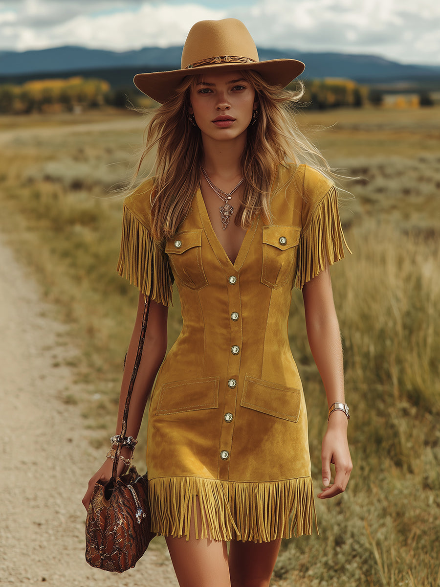 Western-style Vintage V-neck Fringed Faux Suede Mini Dress