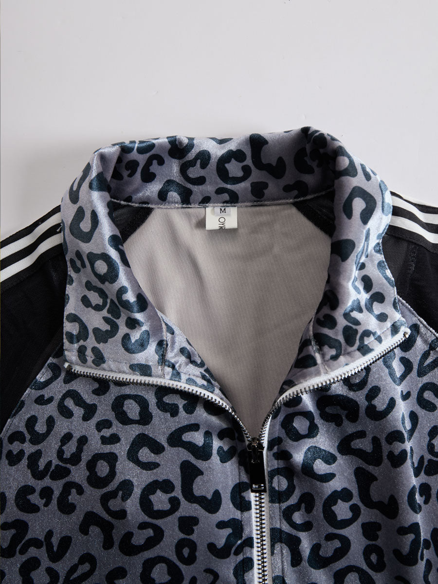 Sporty Retro Striped Mesh Sleeve Gray Leopard Print Velvet Sweatshirt And Pants Set