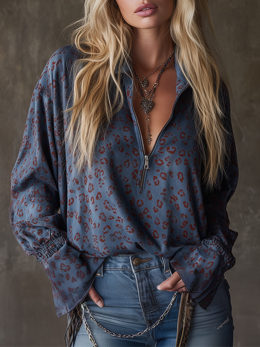 Western-style Casual Leopard Print Blue Faux Suede Shirt