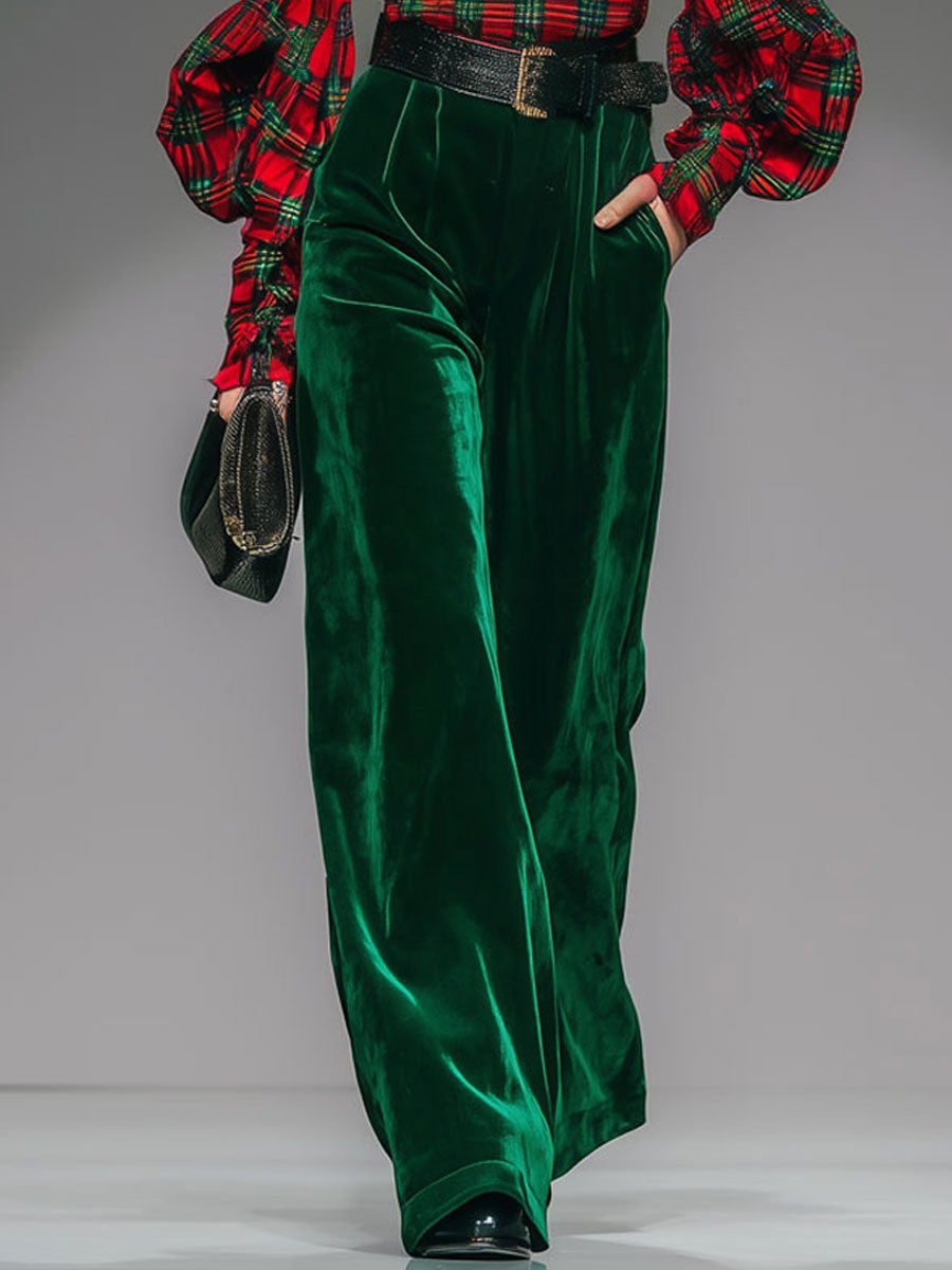 Trendy Retro Plaid Velvet Turtleneck Long-sleeved T-shirt And Wide-leg Pants Set