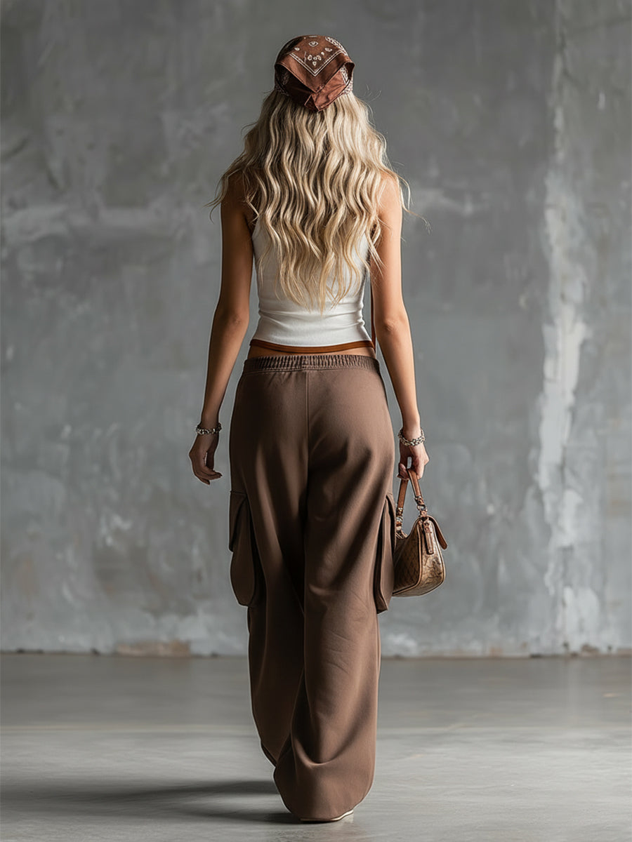 Stylish Sporty White Tank Top And Brown Sweatpants Set