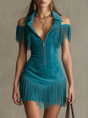 Western Retro Peacock Blue Faux Suede Hollow-Out Tassel Mini Dress