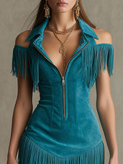 Western Retro Peacock Blue Faux Suede Hollow-Out Tassel Mini Dress