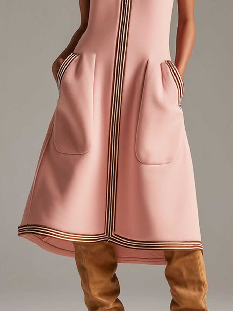 Sporty Retro Striped Ribbed Pink Cotton Blend Sleeveless Midi Dress